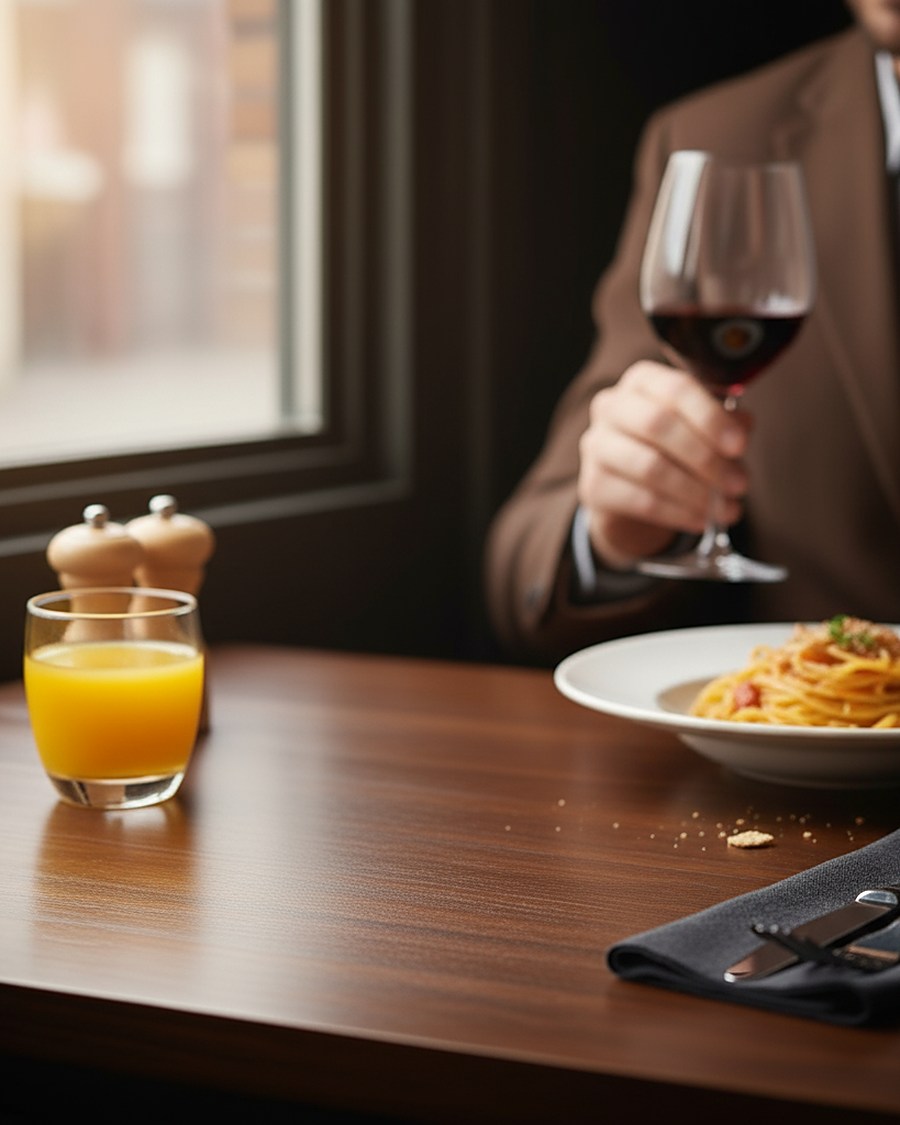 A guest at a window table with a glass of red wine and a plate of pasta